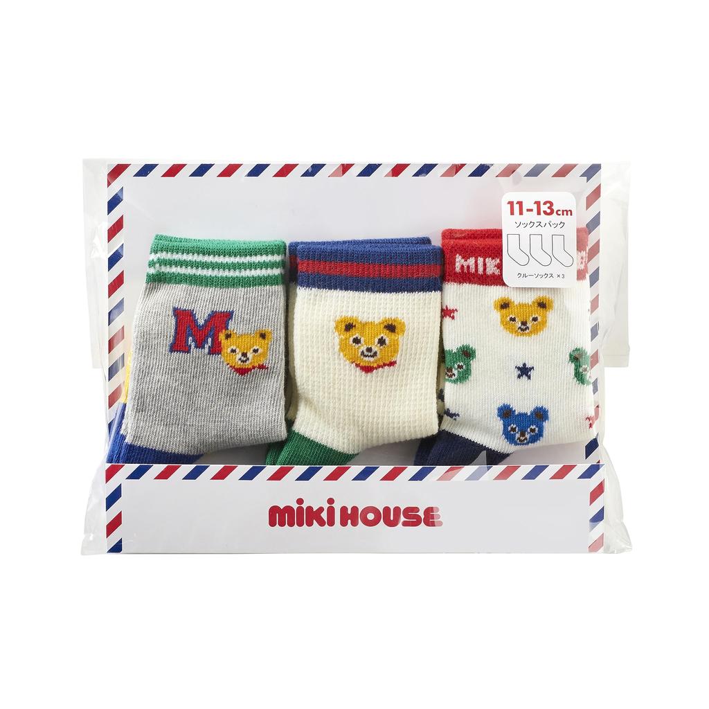 MIKI HOUSE Sock Crew Length Socks for Boys and Sizes Product Number Pack, 3-Pair Girls, Baby, Kids, School, 15-17cm, Blue, 14-9656-490