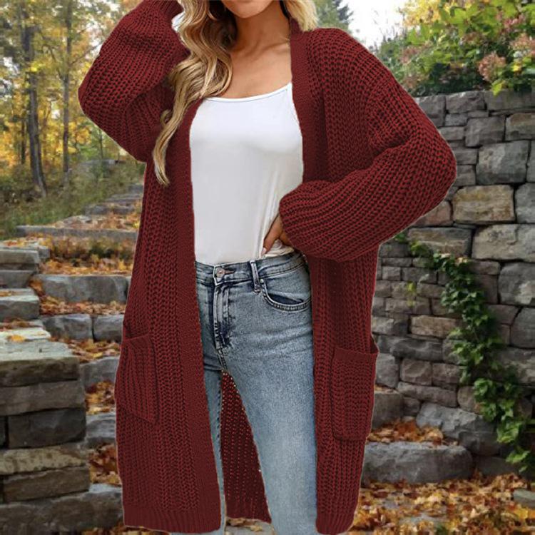 Solid Color Women's Knitted Mid-length Cardigan with Pockets