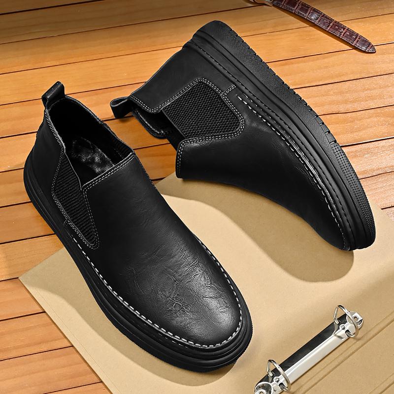 

2024 Новые зимние ботинки с круглым носком и толстым каблуком в британском стиле из матовой кожи, нескользящая платформа, модные мужские короткие ботинки челси 46 чёрный