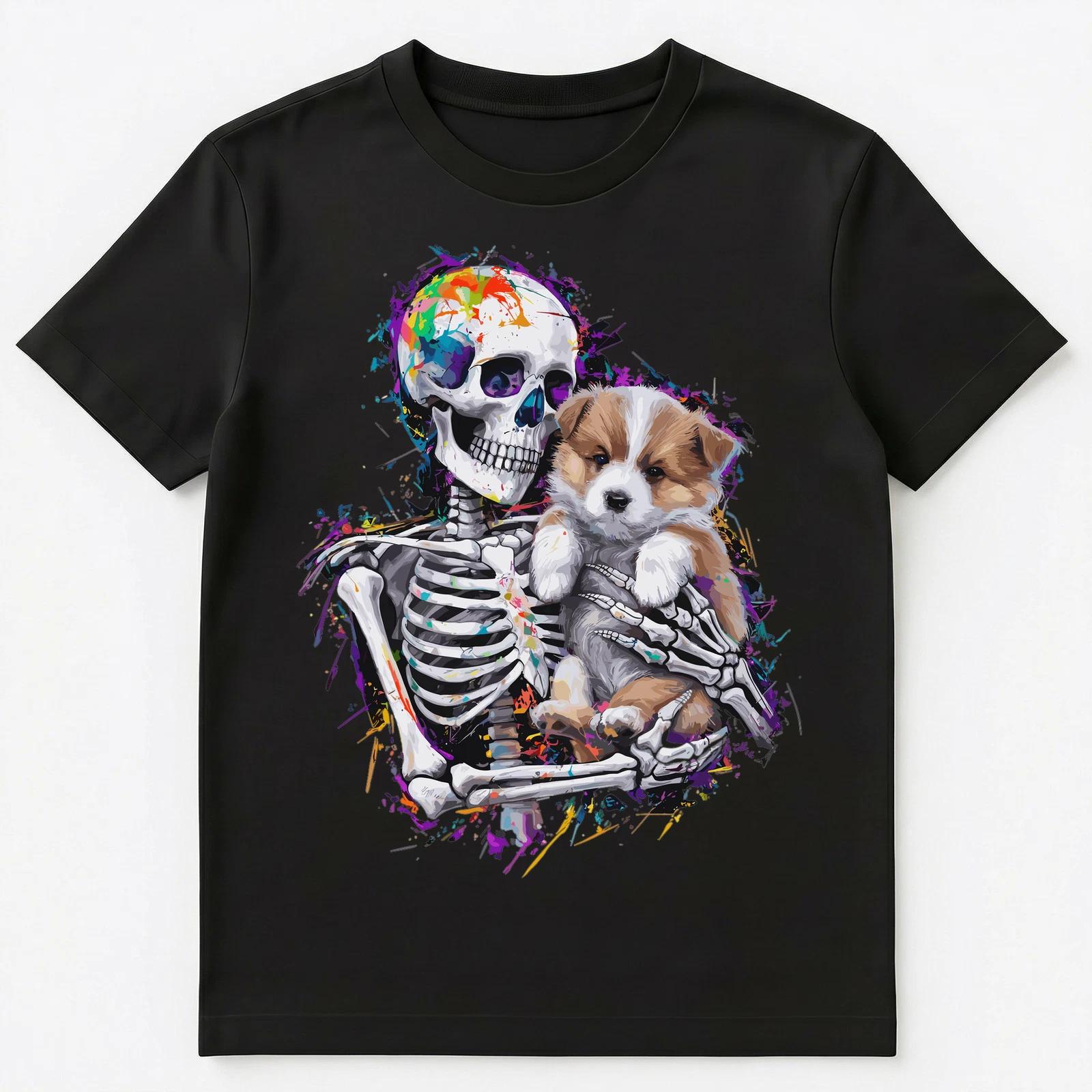 Colorful Paint Splash Skeleton Holding Puppy Art Graphic Unisex T-Shirt 3XL