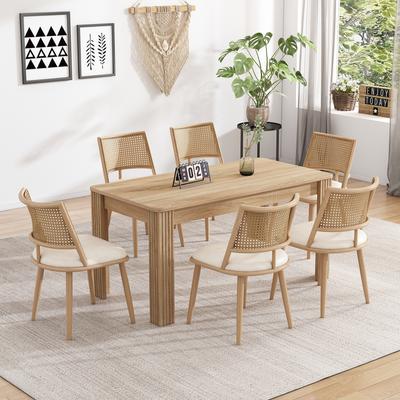 6 Esszimmerstühle, PU-Sitz, Rattan-Rückenlehne, Wohnzimmer, Schlafzimmerstuhl, Beige