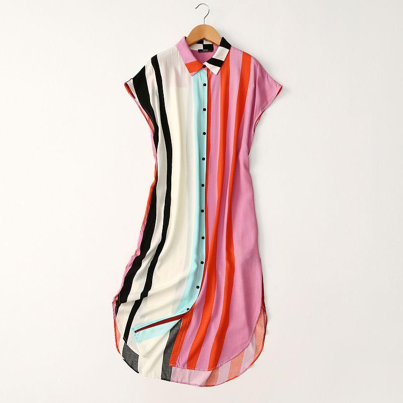 Foreign Trade Export High-Grade Print Cotton Silk Dress Summer Thin Short Sleeve Pocket Shirt Dress Waistcoat Long Dress