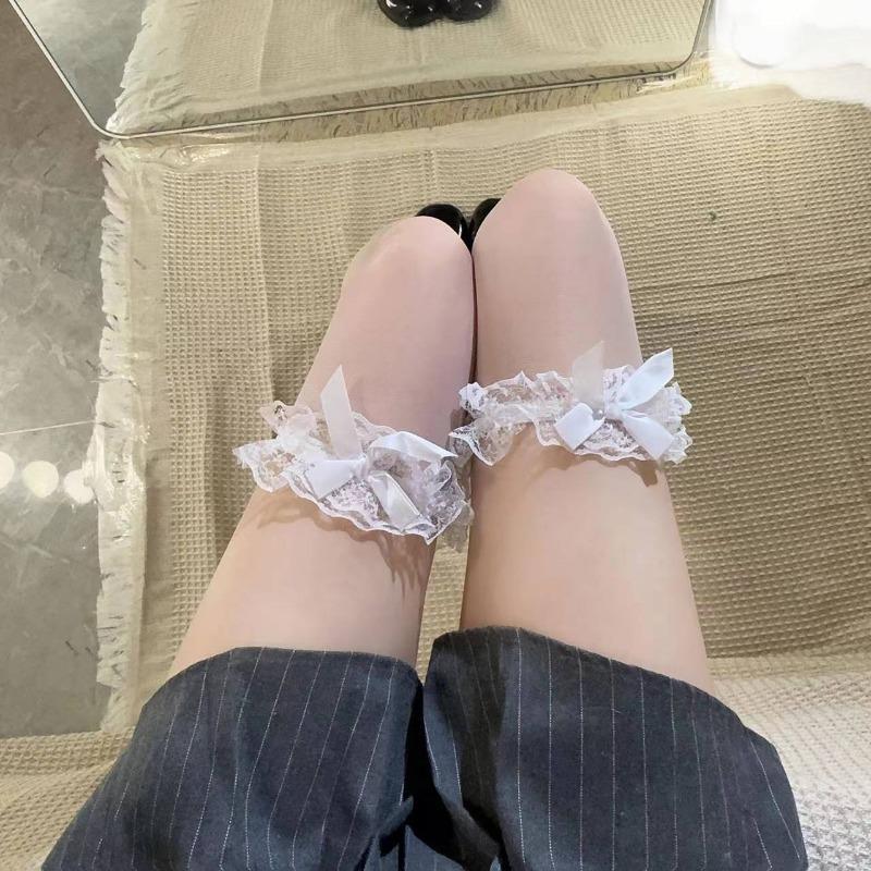 Stockings Sexy Lace Transparent Over Knee Stockings Dead Library Water Three-dimensional Bow Women's Black Silk Legs