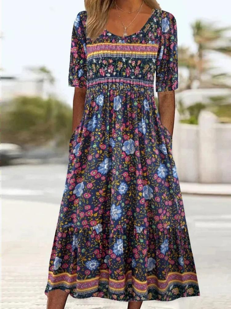 Summer New Women's Round Neck Short Sleeved Long Dress Bohemian Printed Dress for Women