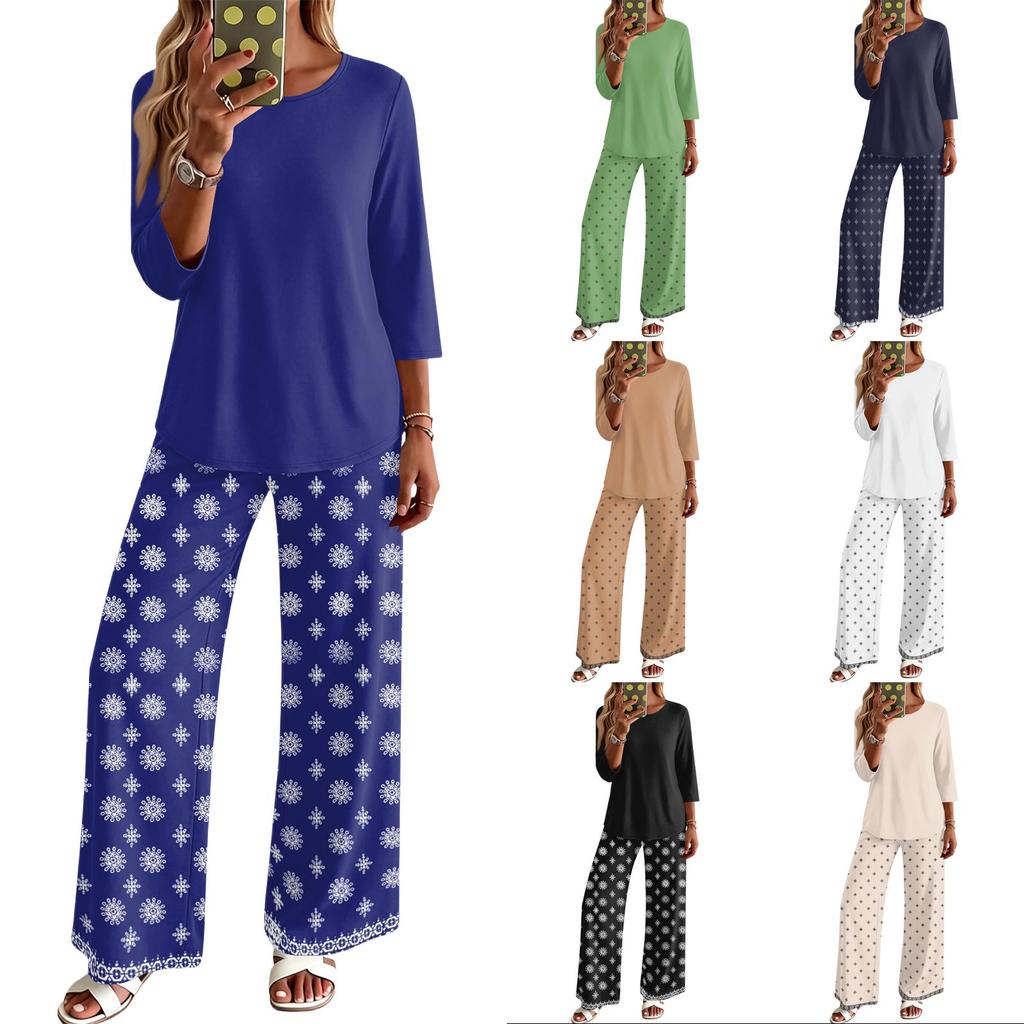 Women's Casual Fashion Round Neck Loose Fit Printed Three Quarter Sleeve Top with Wide Leg Pants Set Comfortable Lounge Wear