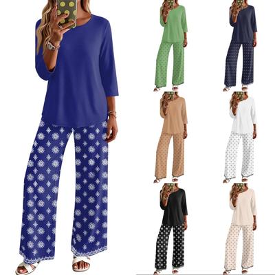 Women's Casual Fashion Round Neck Loose Fit Printed Three Quarter Sleeve Top with Wide Leg Pants Set Comfortable Lounge Wear