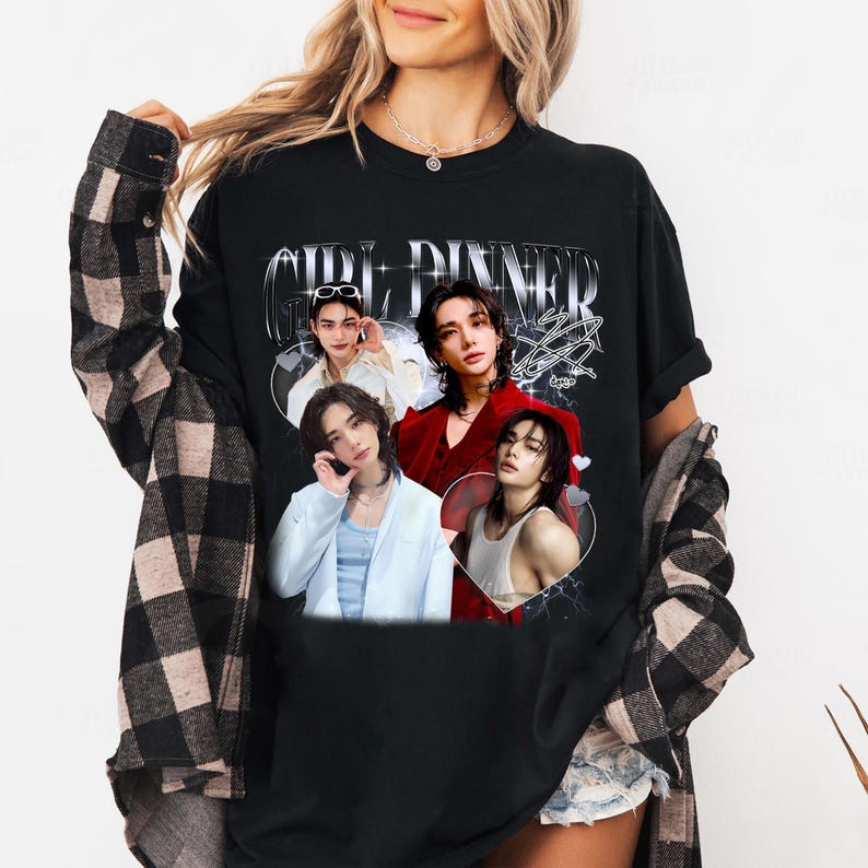T-shirt Girl Dinner Hyunjin Stray Kids, Maglietta Vintage Omaggio ai Fan Uomo Donna Hip Hop Streetwear T-shirt Oversize Manica Corta Abbigliamento Casual