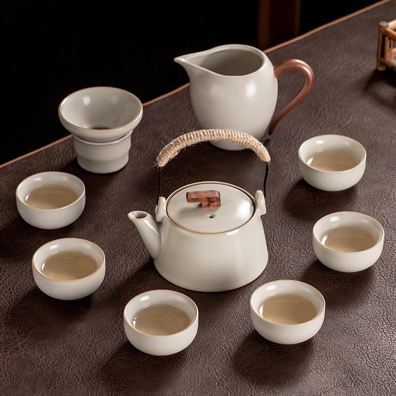 High-End Ru Kiln Ceramic Kung Fu Tea Set - Luxury Gaiwan Teapot, Tray, and Cups for Home.