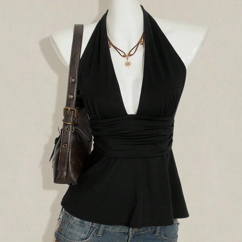 Women Halter Tie Back Backless Short Ruched Fitted Summer Camisole S