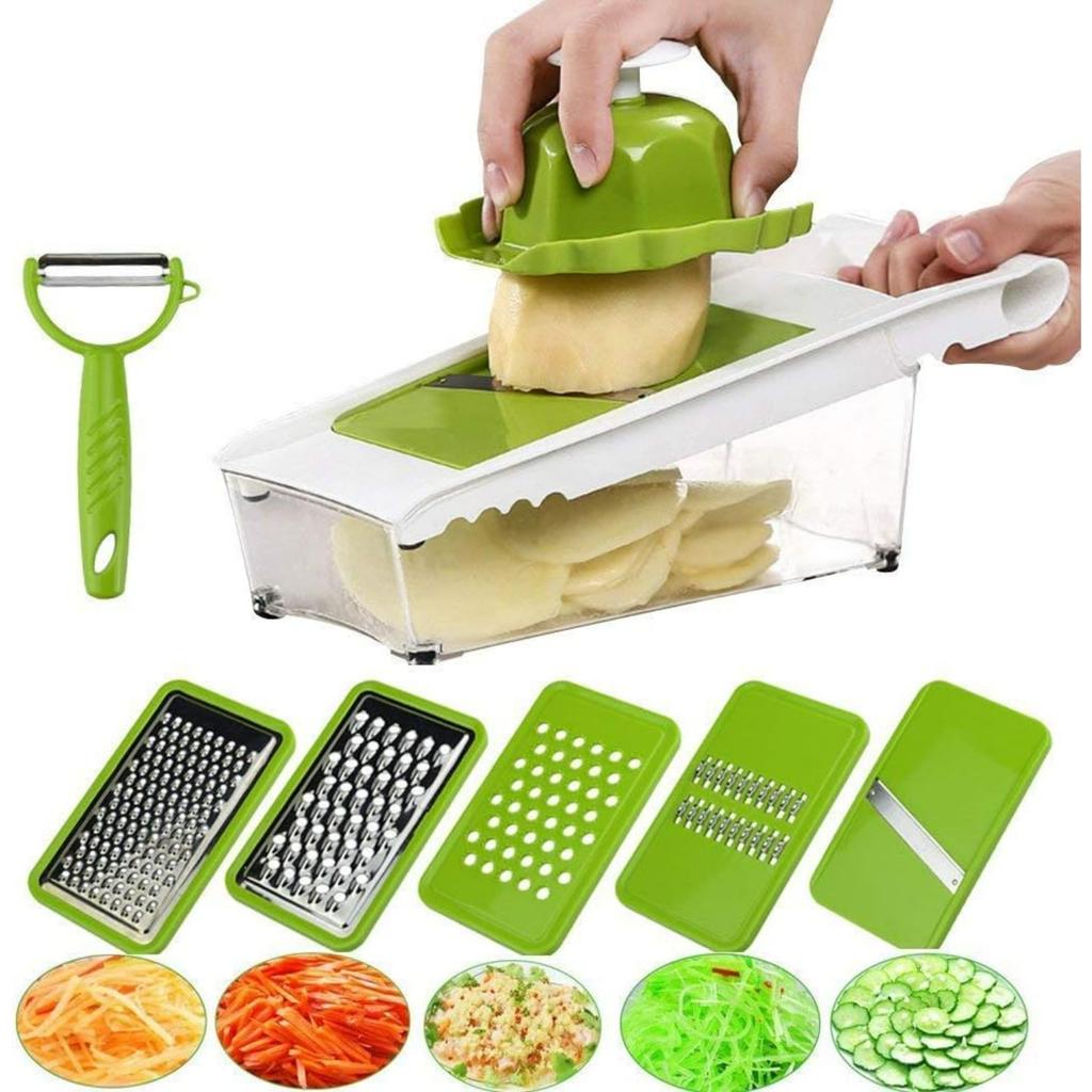 Vegetable Potato Cutter Chopper, Julienne Slices Fruits and Vegetables Chopper, Food Container, Safety Food Holder, 5 Interchangeable Sharp Blades