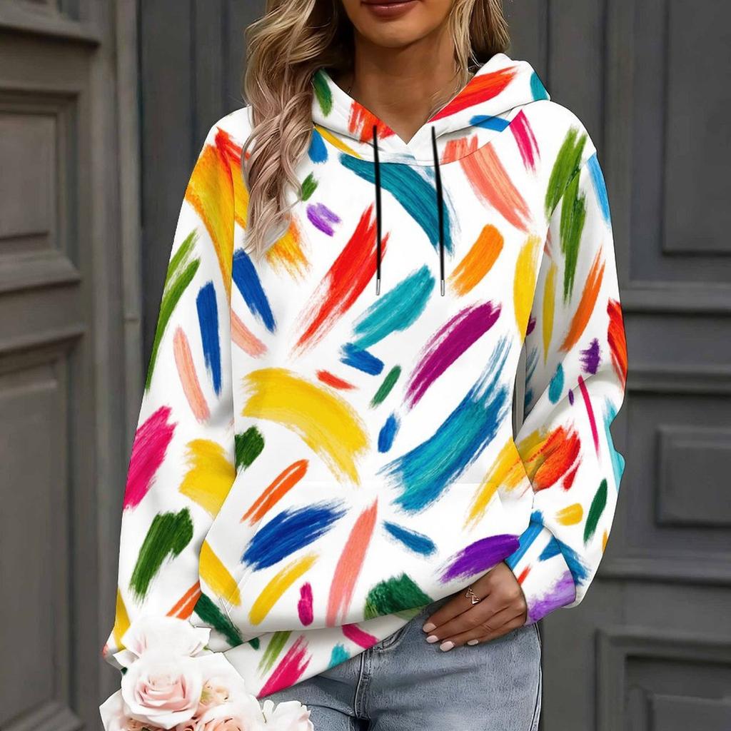Women Plus Size Colorful Brush Print Long Sleeve Kangaroo Pocket Drawstring Hoodie