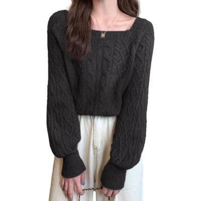 Cable Knit Pullover Sweater with Square Puff and Short J-Scott Women's Neck, Sleeves, Length, Black, JS125-BK-M