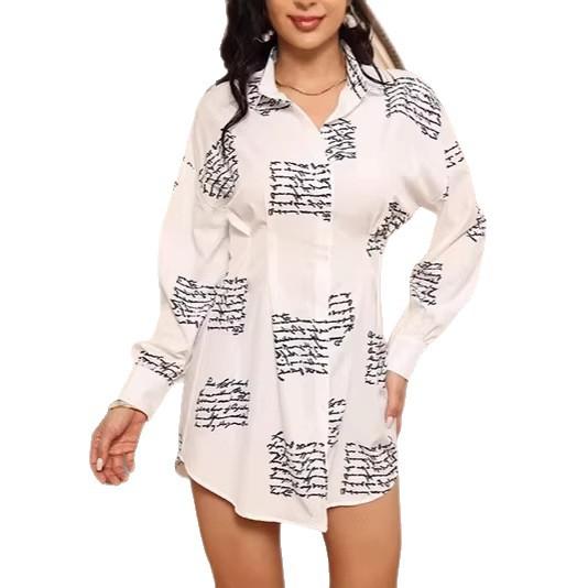 European and American Women's Sexy Mini Letter Print Casual Button-down Long-sleeved V-neck Waist Shirt