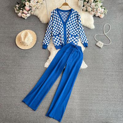 Jesień Vintage marka Plaid sweter z dzianiny spodnie 2 częściowy zestaw damski dres płaszcz jednorzędowy + spodnie do kostek stroje