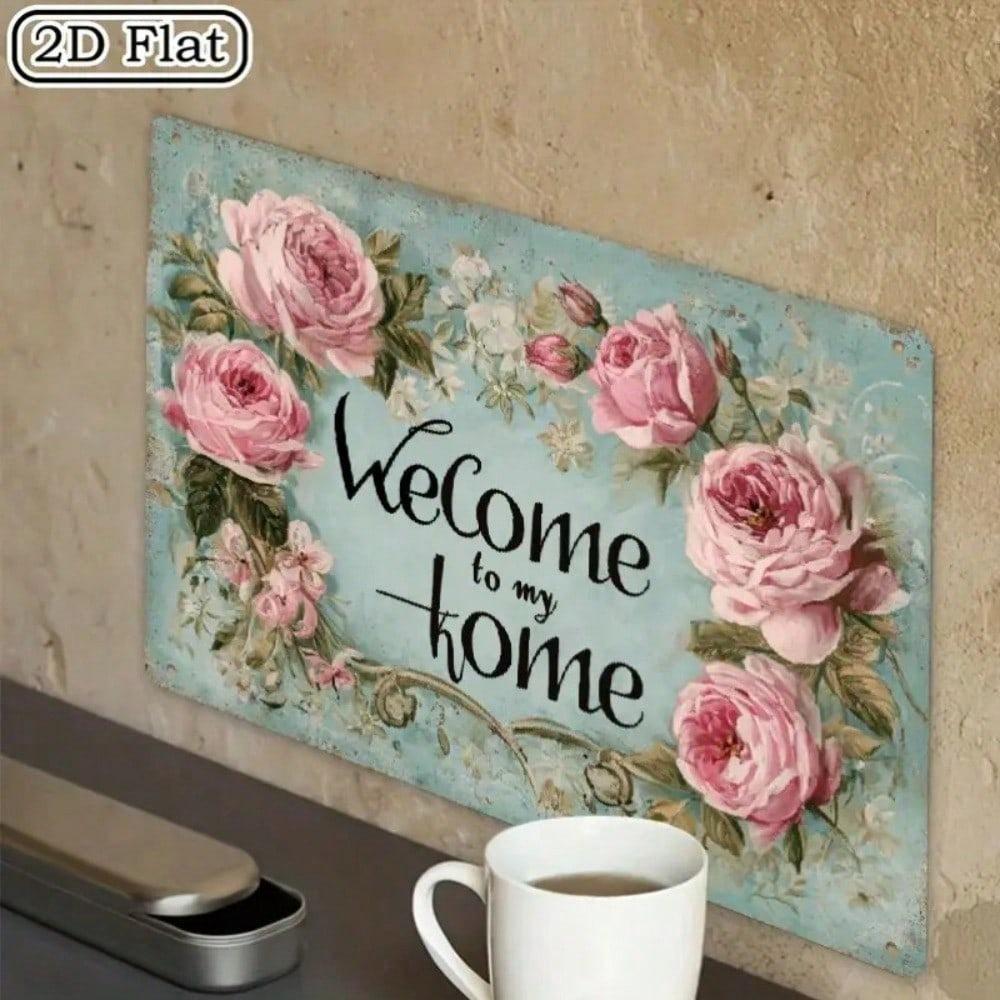 Vintage Welcome Sign, Rustic Floral Metal Wall Decor, Pink Roses Home Entry Art 12x8