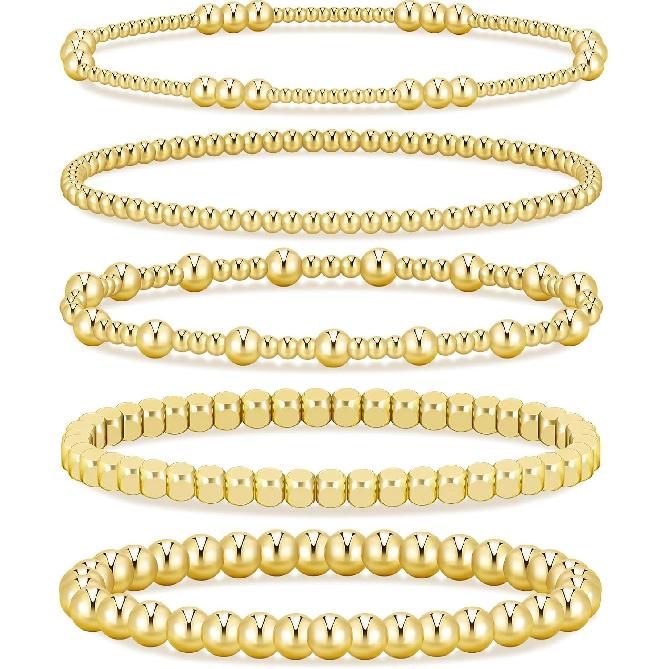 Gold Beaded Bracelets for Women, 14K Real Gold Plated Jewelry for Women Dainty Pearl Bead Bracelets Stack, Non Tarnish Trendy Stackable Ball Cross
