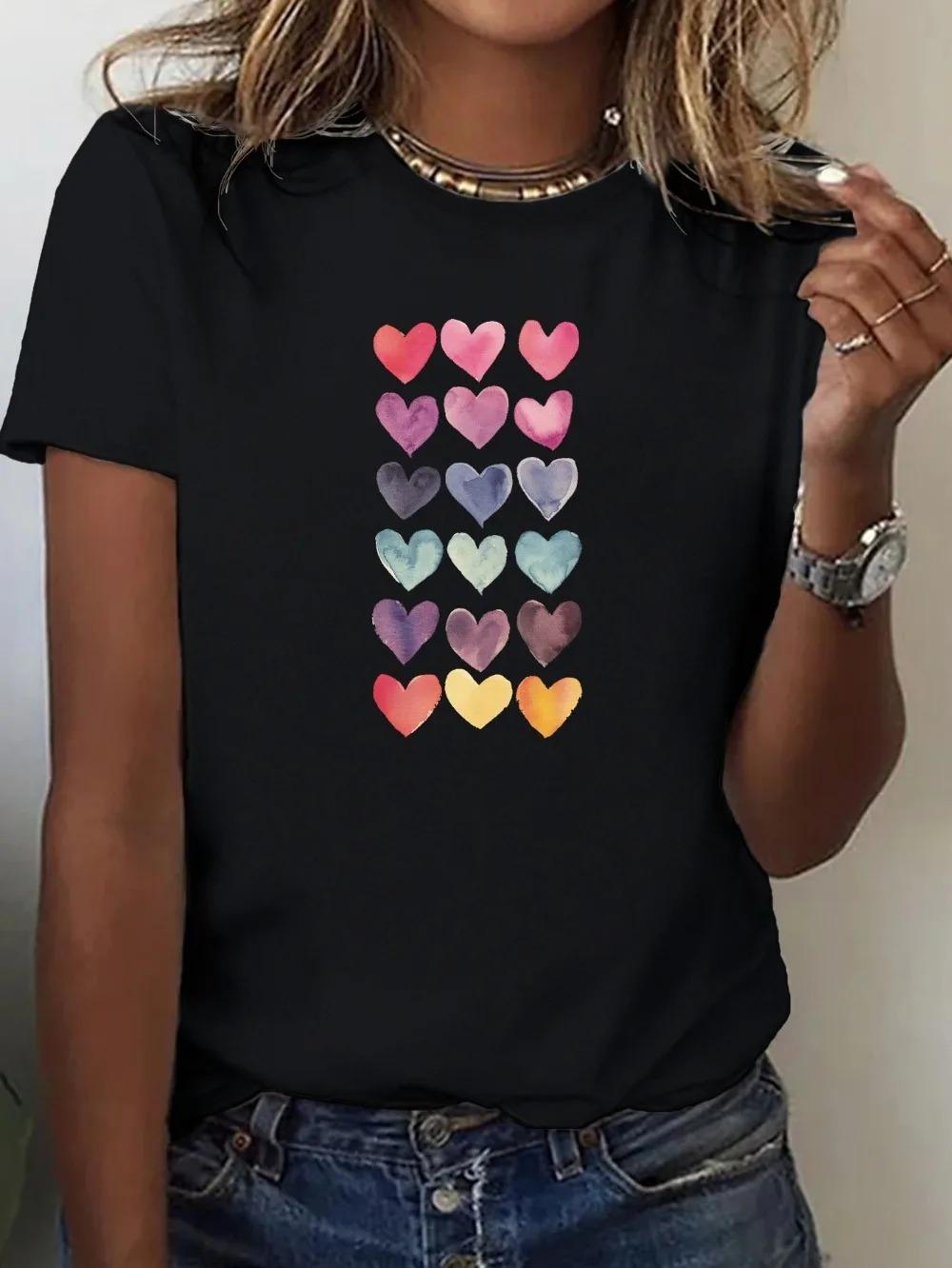 Multicolor Heart Print Tshirt Cute Patterned Womens Top Summer Comfortable Fabric Tshirt Roundneck Shortsleeve Tops S