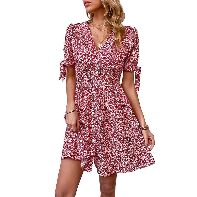 Sommer Damen V-Ausschnitt Bedrucktes Kurzes Geschlitztes Kleid Damen