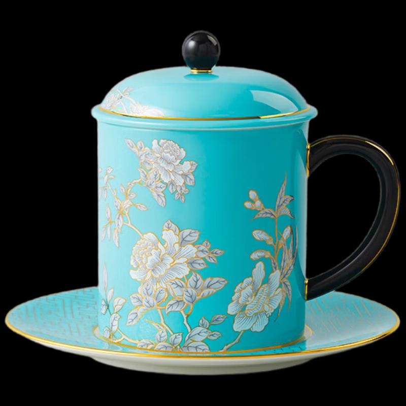 Yongfengyuan Ink Peony Ceramic Tea Cup with Lid (3-Piece Set)