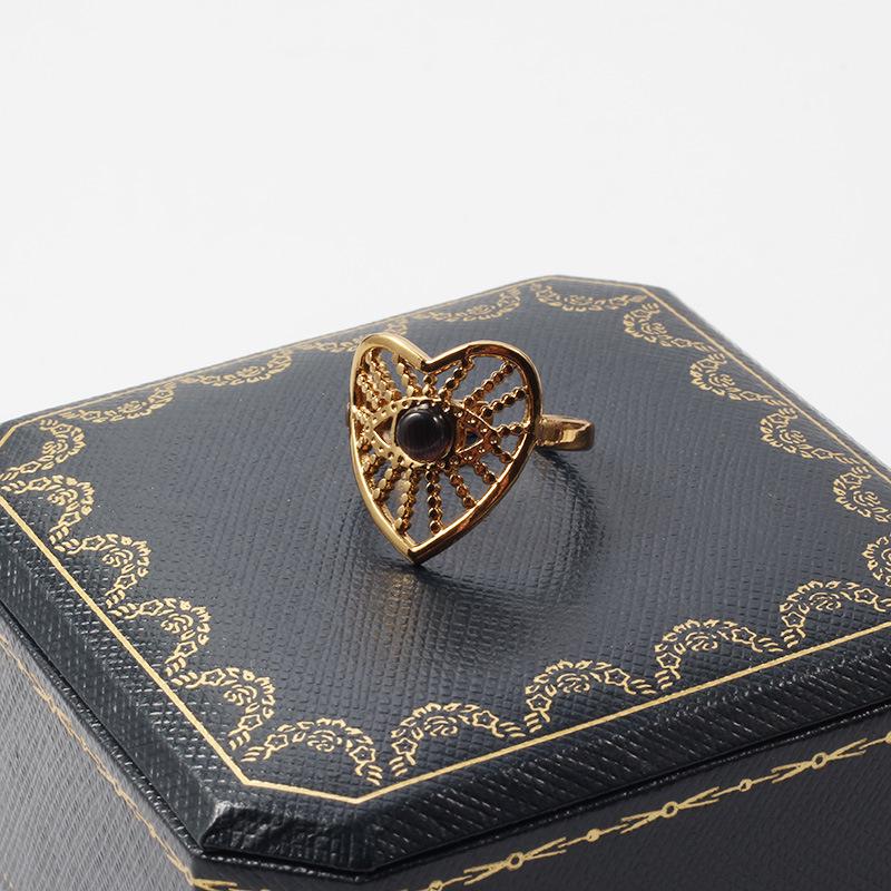 18K Gold Stainless Steel Heart Ring with Openable Acrylic Black Eyes