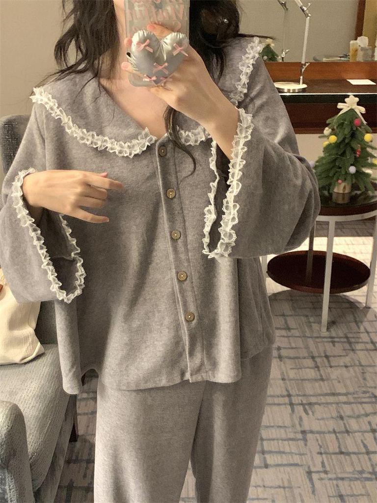 Korean Style Pajama Set: Women's Cute Lace Doll Collar, Long Sleeve & Pants for Spring/Autumn