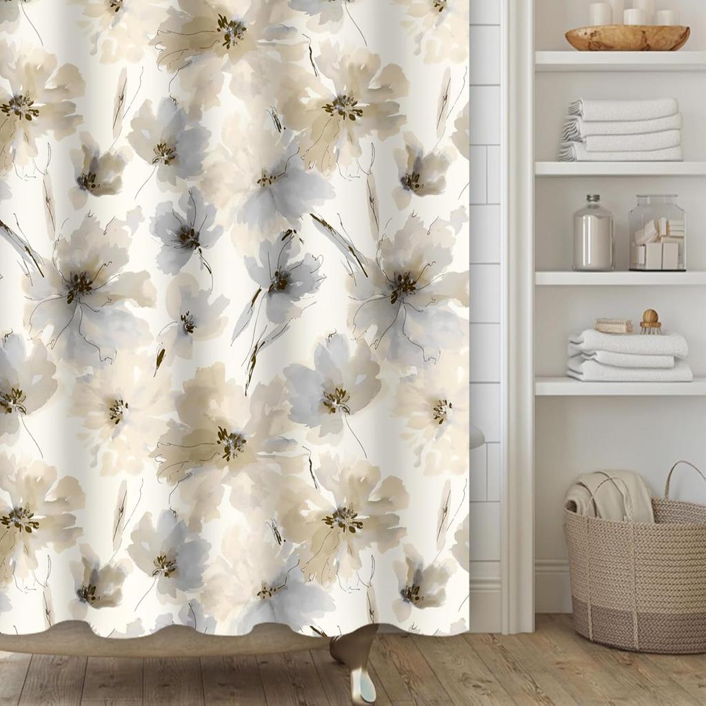 Yellow Gray Floral Shower Curtain,Beige Grey Flower Shower Curtain Set for Bathroom,Natural Watercolor Flower Fabric Bath Curtain with Hooks, 72x72in