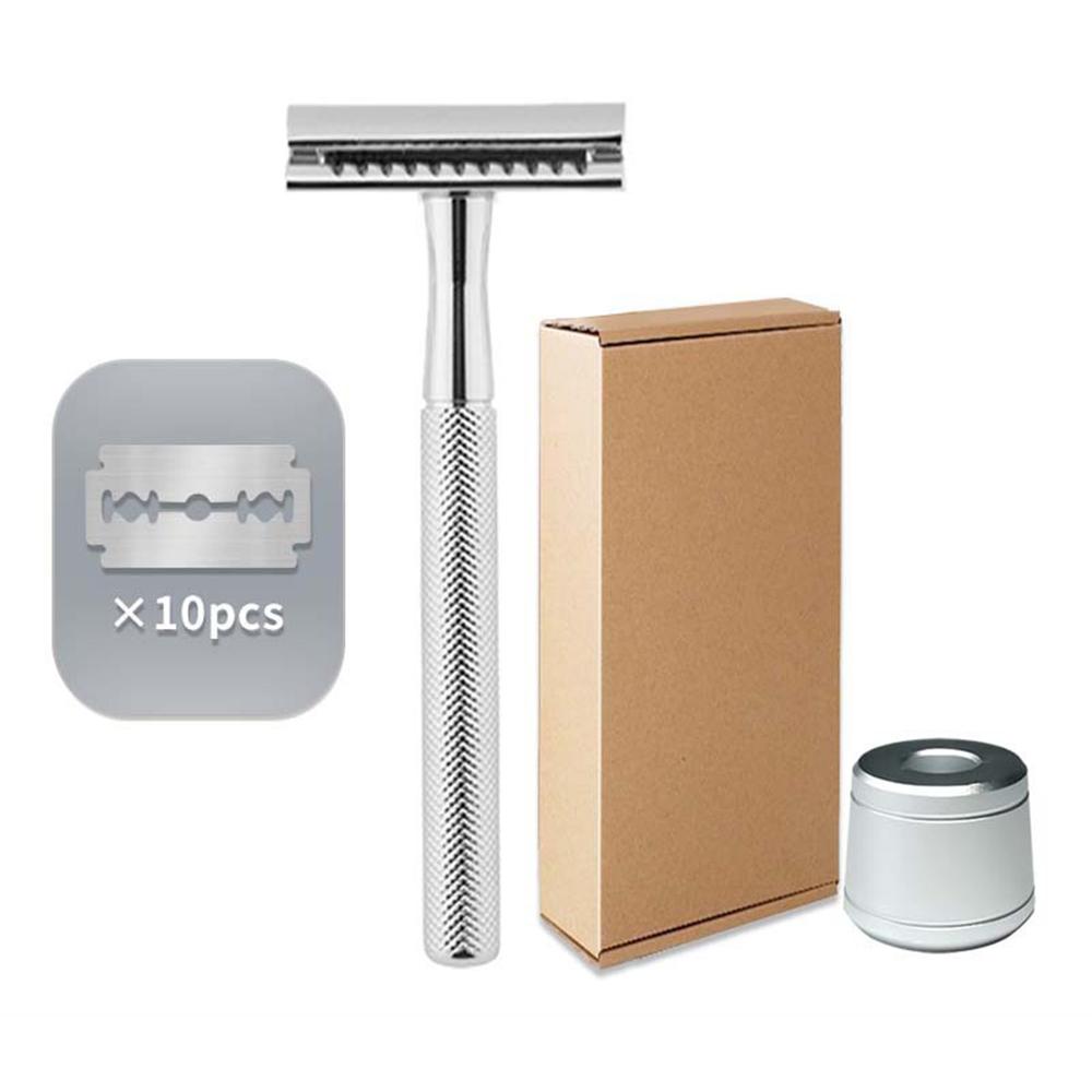 Men Manual Vintage Razor Ergonomic Metal Double-Sided Shaver with Base and 10 Replacement Blades