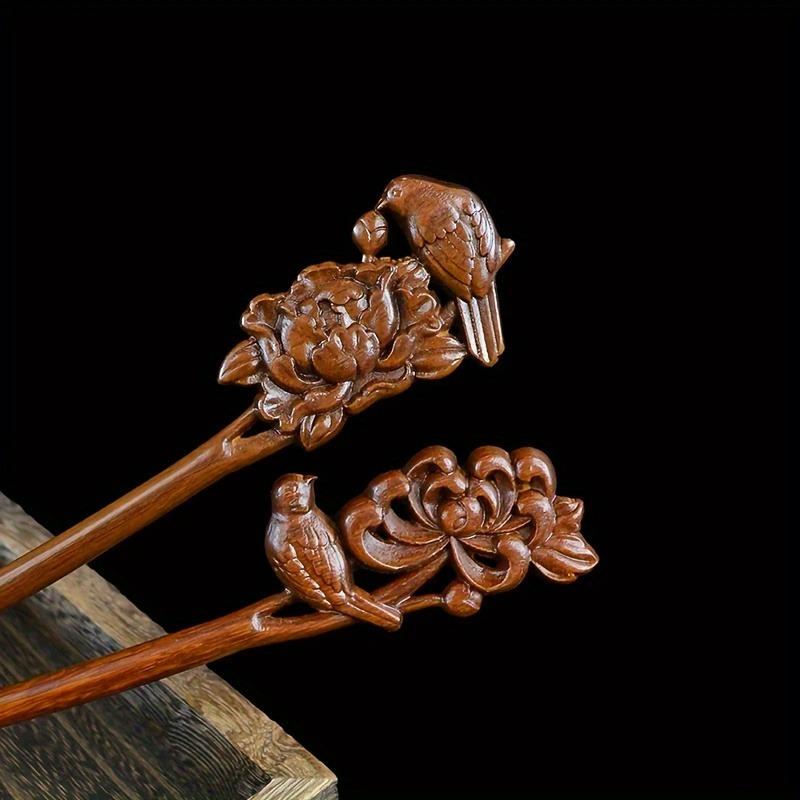 Women's Luxurious Wood Carved Hair Accessory Elegant Collar Bird Peony Carving Suitable for Daily Gatherings Solid Wood Hairpin