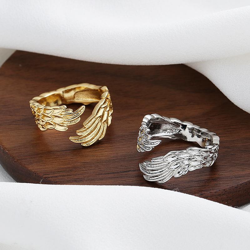 Feather Angel Wings Adjustable Ring Silver Plated Guardian Wings for Women Sympathy Memory Fashion Statement Jewelry