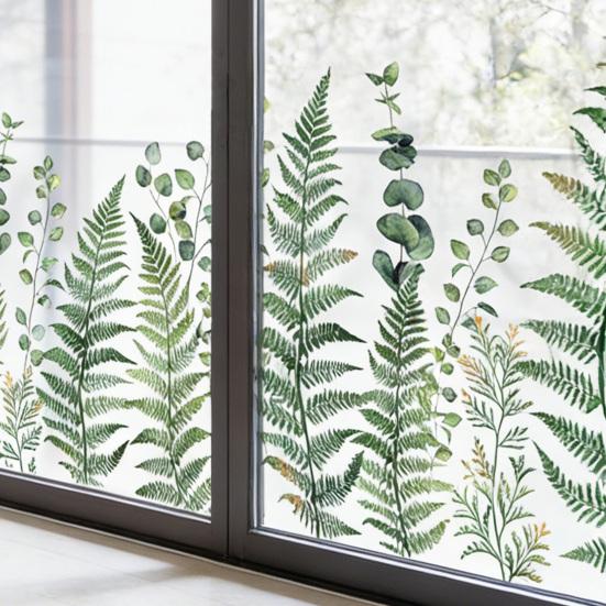 Adesivo de Janela Folha de Samambaia Verde Folhas de Pteridófita Plantas Estático PVC Adesivo de Janela Reutilizável Impermeável Decalques para Decoração de Janela de Porta de Sala de Casa