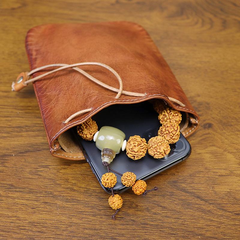 European and American Retro Style Top Layer Cowhide Money Bag, Hand Polished Portable Coin Bag, Drawstring Pocket, Change Leather Bag, Stationery Bag