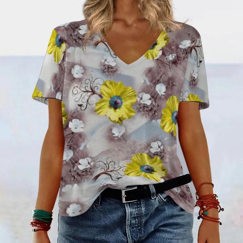 

Женский топ с V-образным вырезом, свободного кроя, с освежающим цветочным принтом, темпераментный, для работы, футболка с короткими рукавами 5XL