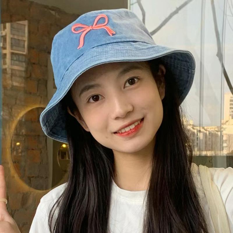 Embroidered bucket hat women travel sunscreen sunshade denim basin hat fashion new sweet bow