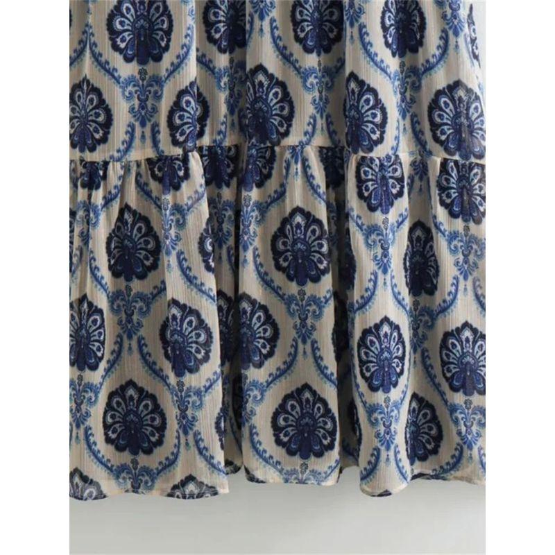 Long Sleeved V-neck Geometric Print Dressv Collar Geometric Print Dress Female