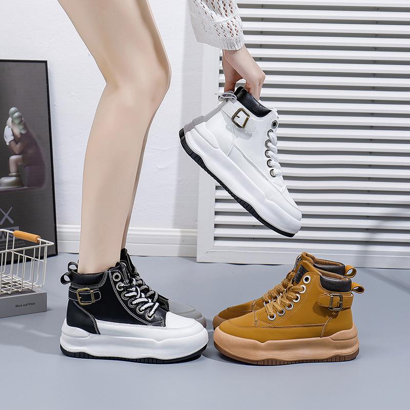 Jarní Nové Studentské Ležérní Plátěnky na Platformě s Kulatou Špičkou Univerzální Vysoké Kotníkové Malé Bílé Boty s Koženým Povrchem pro Udržení Tepla