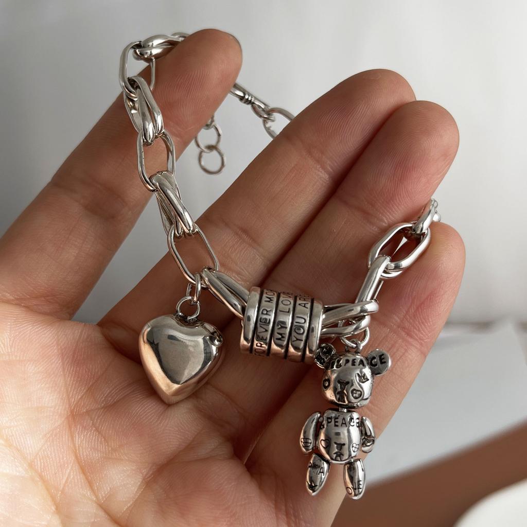 100% Solid 925 Silver Retro Bracelet for Women Men Vintage Handmade Heart Bracelet Birthday Gift