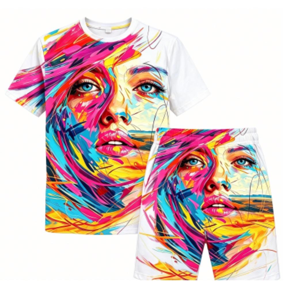 Funny Graffiti Portrait Printed Outdoor Street Women s T-shirt and Shorts 2 Piece Set Summer Home Casual Outfit Men s and Women s Sports Set XXS