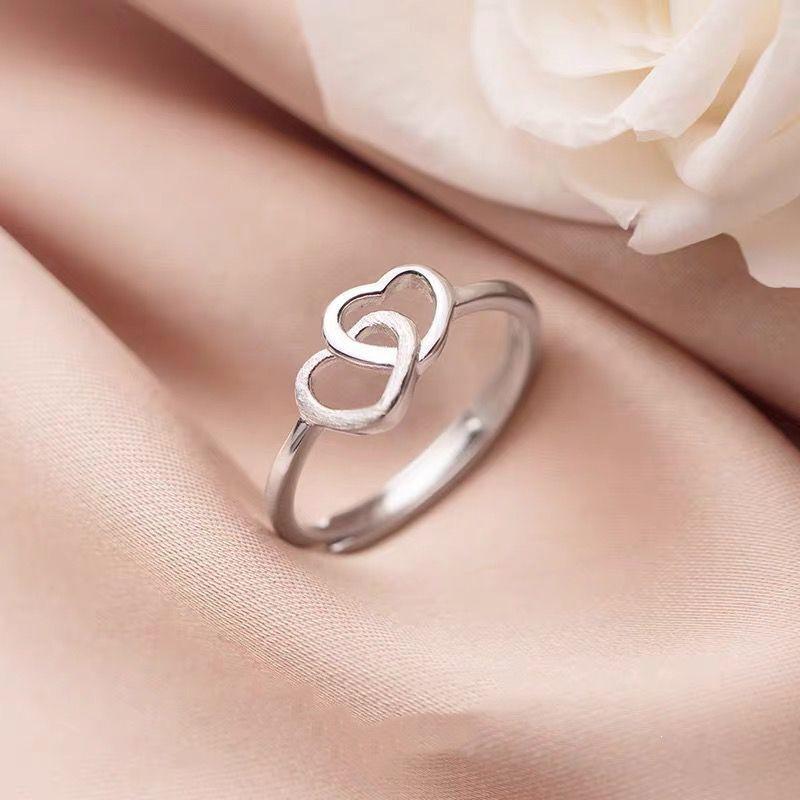 925 Silver Women's Ring: Simple Glossy Frosted Love Design with Interlocking Hearts, Adjustable Opening.