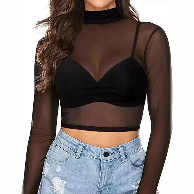 Women Mesh See-through Ultra-thin Slim Elastic Long Sleeve Top Mesh Base Shirt