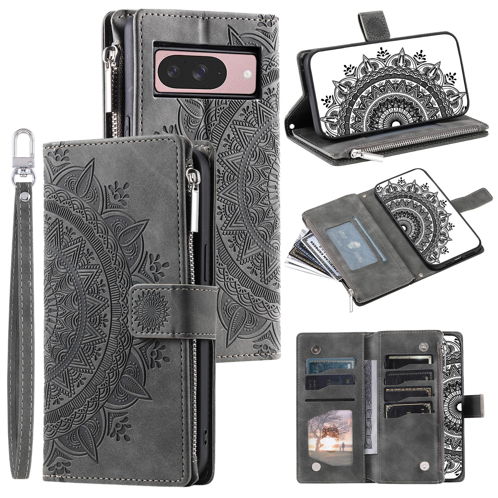 

Style 006 For Google Pixel 9/9 Pro Wallet Case PU Leather Phone Cover Mandala Flower Pattern Grey