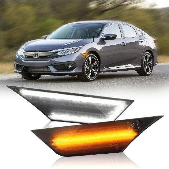 D-Lumina Switchback LED Side Marker Lights for 2016-2021 Honda Civic 10th Gen Civic Coupe Hatchback Sedan Type R Smoked Lens Front Bumper Side Amber & White