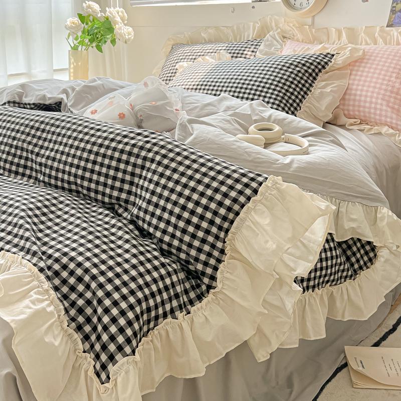 Korean Princess Style Bedding Set Soft Skin-friendly Lattice Lace Ruffles Quilt Cover Plaid Style Duvet Covers Set Pillowcases