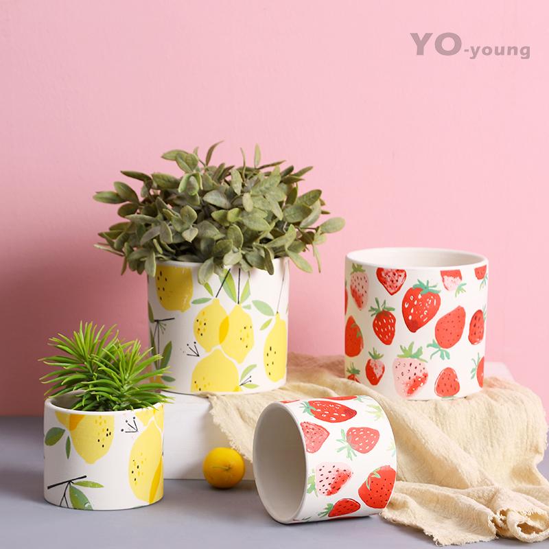 Creative Cartoon Fruit Ceramic Flower Pot Plant Flower Pot with Tray Cylindrical Countertop Flower Pot Living Room Garden Decor
