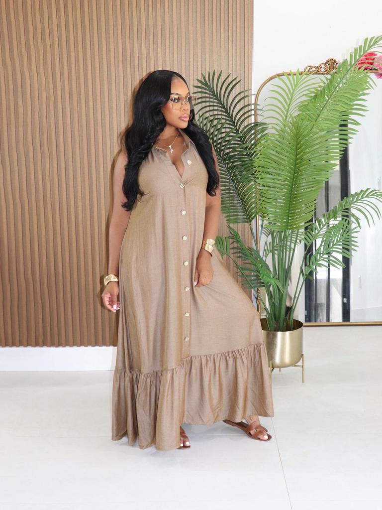 TW851 European Sleeveless Ruffle Long Dress - Women's Casual Holiday Button-Down Lapel Style