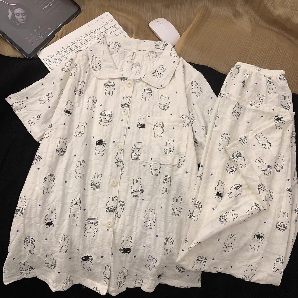 Cartoon Miffy Rabbit Cotton Gauze Three-piece Pajamas Women's Summer Short Sleeves Casual Loose Can Be Worn Outside Loungewear