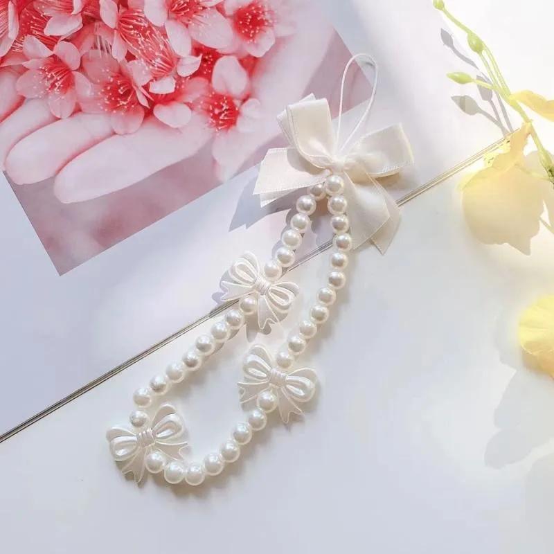 Korea Cute White Bow Heart Pearl Phone Chain for Women Girls Telephone Beaded Lanyard Anti-Lost Accessories Car Jewelry Gift