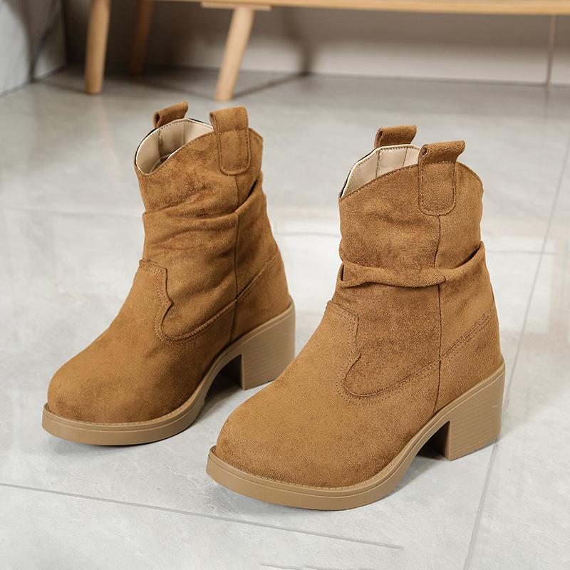 

Women 2026 New Round Toe Suede Sleeve Pleated Platform Block Heel Booties Winter Heels 34 коричневый