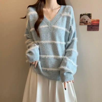 Pull rayé à blocs de couleurs pour femmes automne et hiver style coréen col en V ample pull-over chemise de fond haut