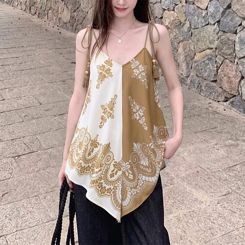 ZANZEA Damen Boho Print Lässige Ärmellose V-Ausschnitt Slip Camisoles