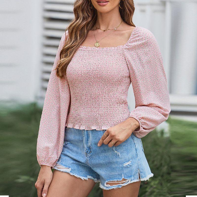 Slim Looking Square Collar Fashion Print Pullover Long Sleeves T-shirt